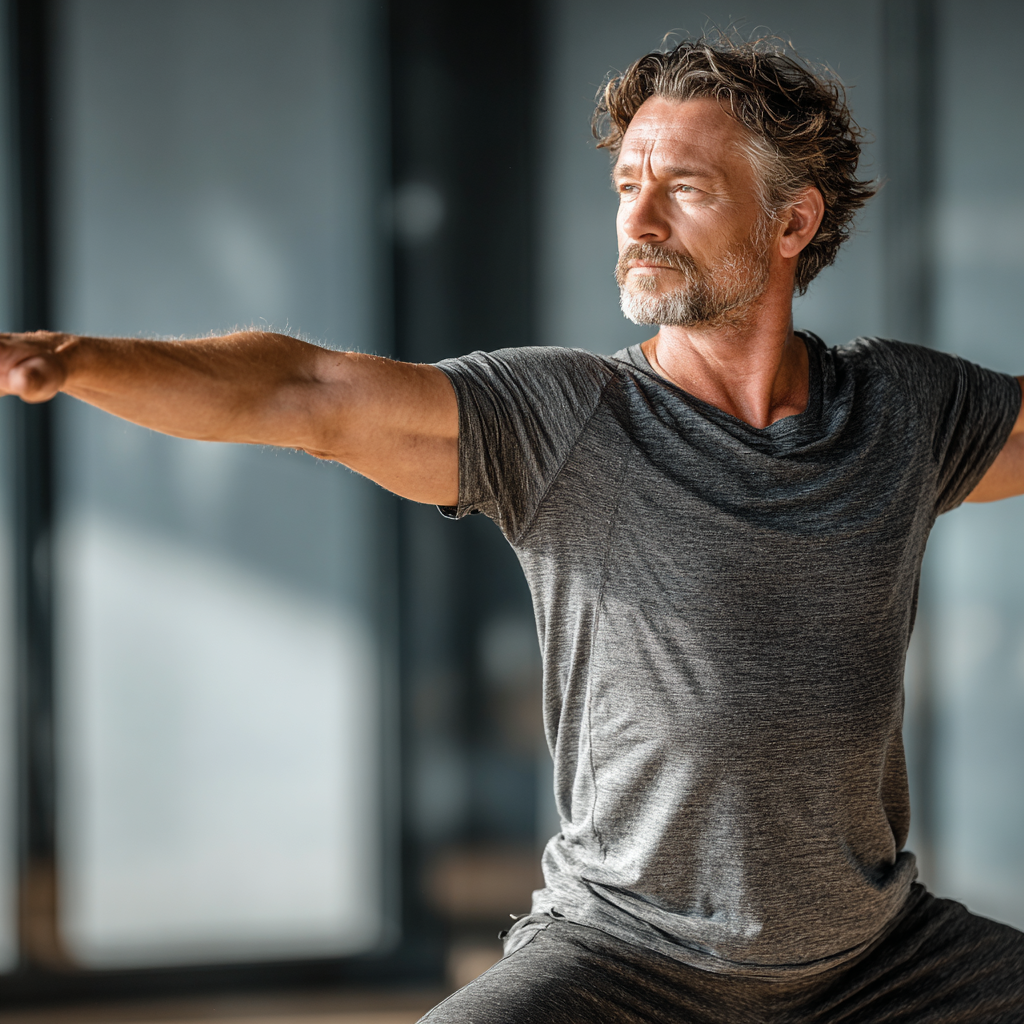 Confident middle-aged man around 50 years old performing yoga warrior pose in a bright modern studio, wearing comfortable gray athletic wear, demonstrating strength and balance with focused concentration