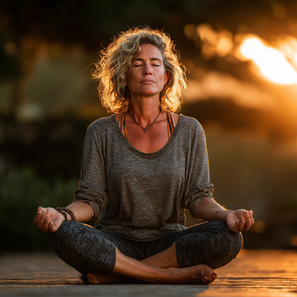 Peaceful middle-aged woman in her late 40s practicing yoga meditation pose outdoors in natural lighting, wearing comfortable workout attire, sitting cross-legged with eyes closed in serene concentration